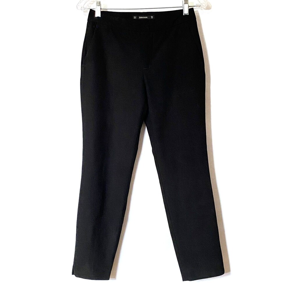 Zara Basic Pants Womens Size 2 Black Tapered Pockets Ankle Slits Polyester Blend